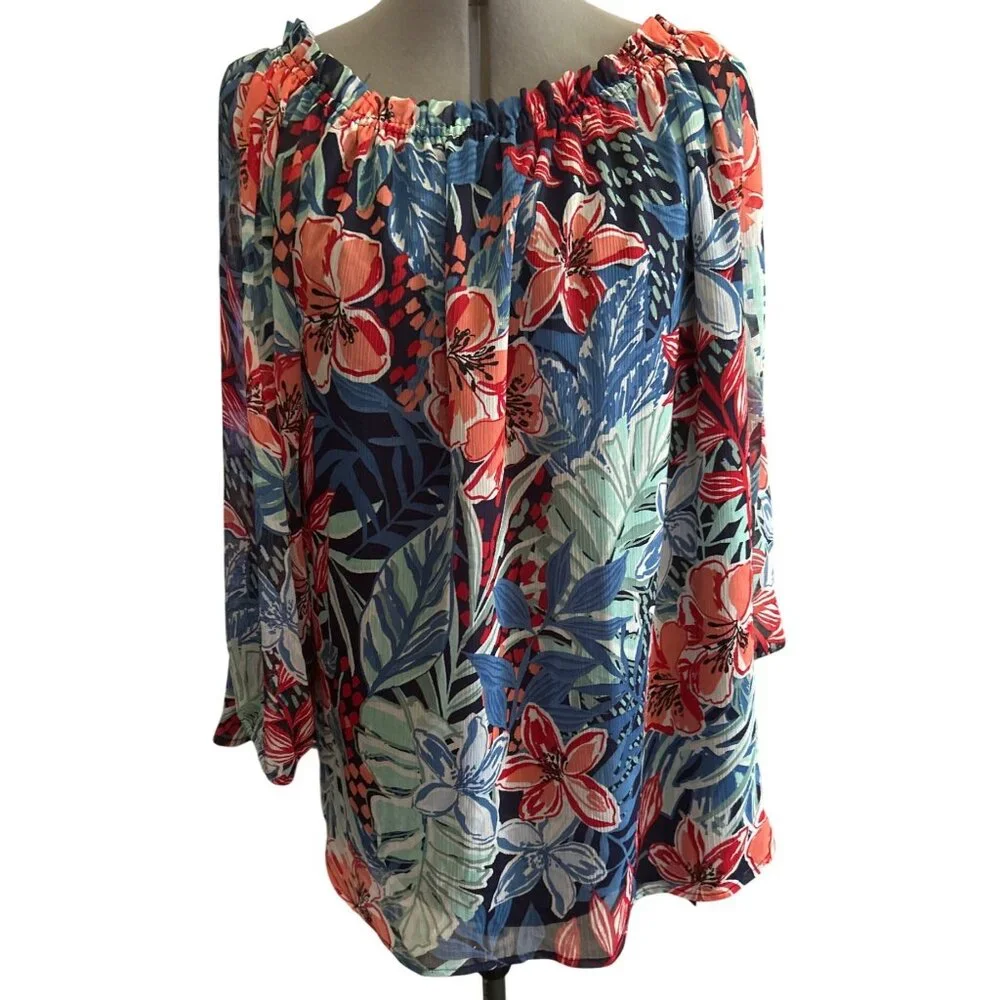 Jones New York Pacific Navy Multi Floral Print Lined Off-Shoulder Blouse PXL - Picture 1 of 8